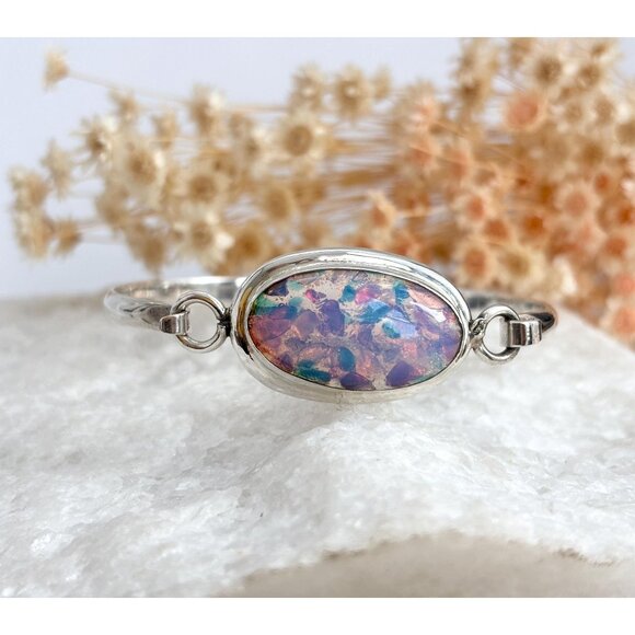 Taxco Mexico Made Roman Glass Oval Sterling Silver 925 Vintage Bangle Bracelet - Picture 1 of 10